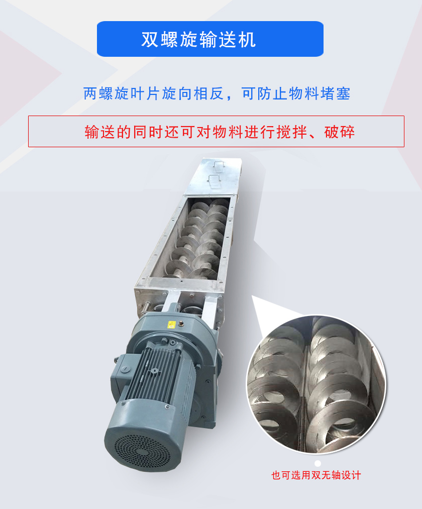 雙螺旋輸送機(jī)兩螺旋葉片旋向相反，可防止物料堵塞